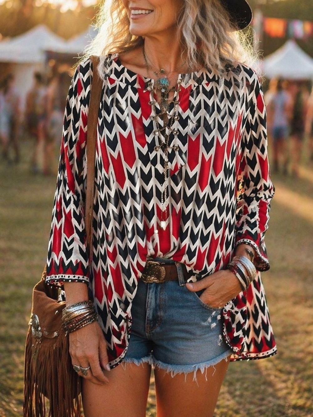 Ava & Grace Boho Festival Tunic Top XL Red Black Chain Neck Flowy Peasant Blouse